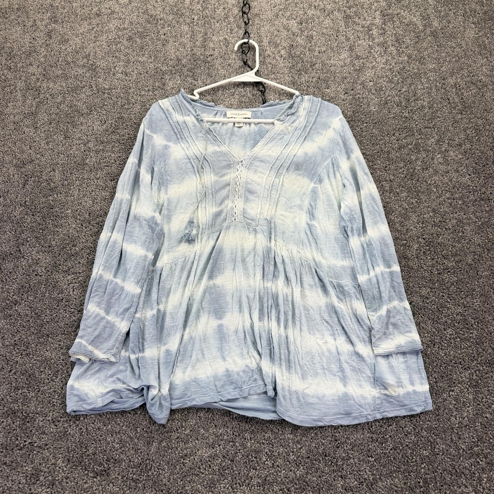 Vintage America Blouse Womens XL Blue Tie Dye Stripe V Neck Tunic Casual
